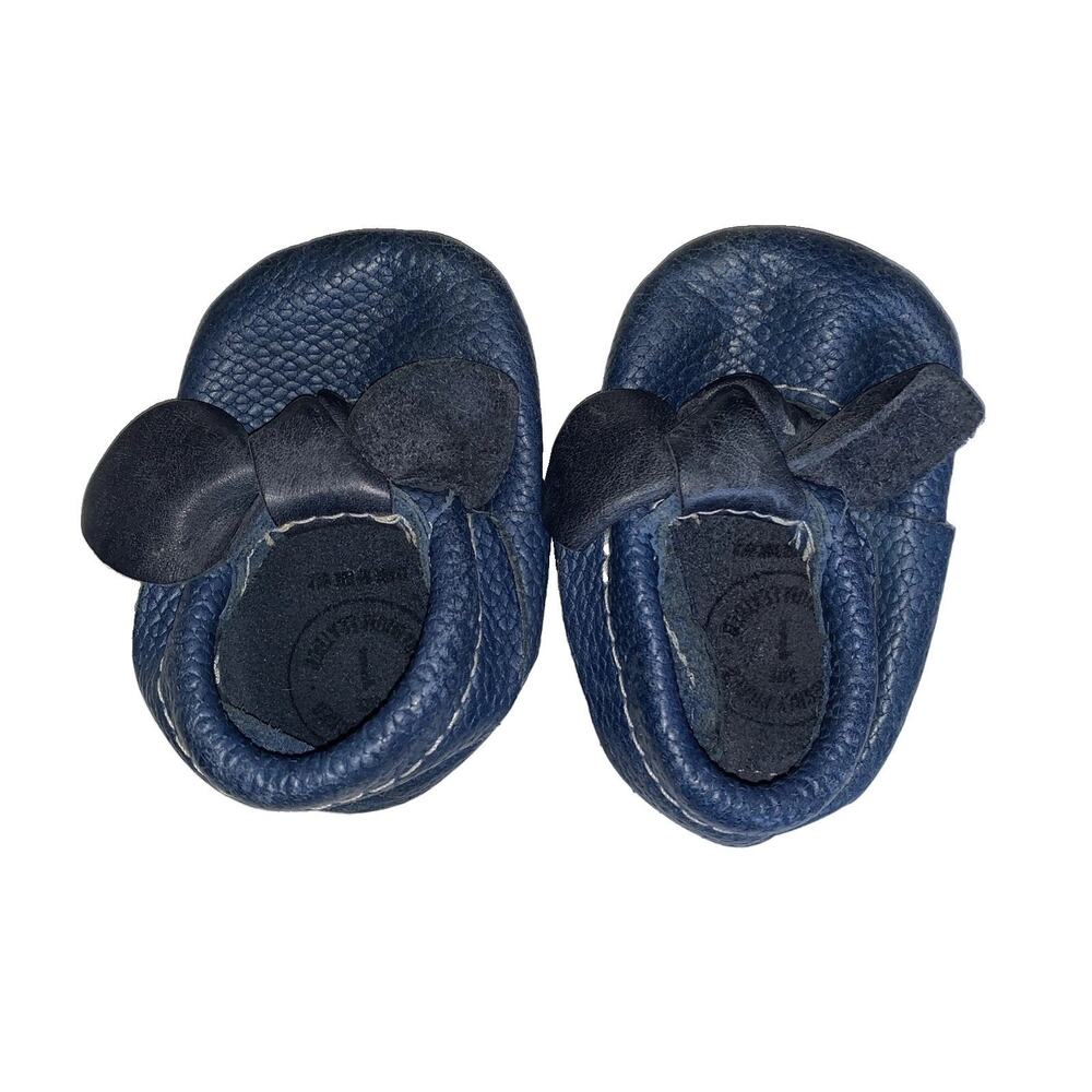 Freshly Picked Baby Moccasins Size 1 Navy Blue Leather Bow Shoes